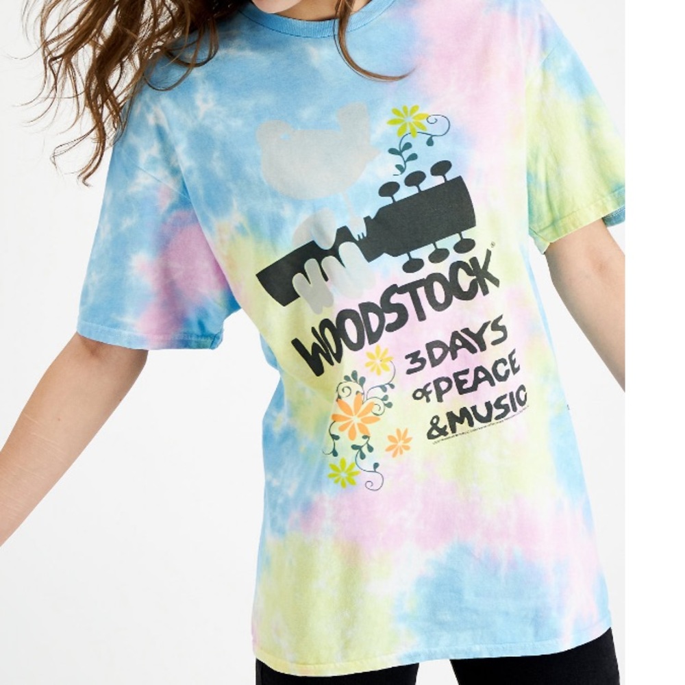 Junk Food Men’s/Unisex Woodstock Tie Dye Graphic T-Shirt Blue/Yellow/Pink